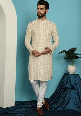Beige Embroidered Cotton Kurta Set For Men