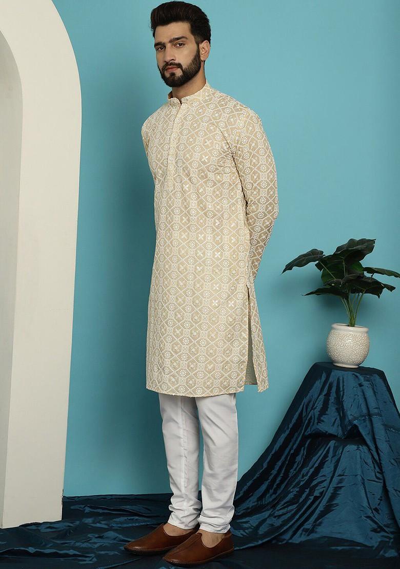 Beige Embroidered Cotton Kurta Set For Men