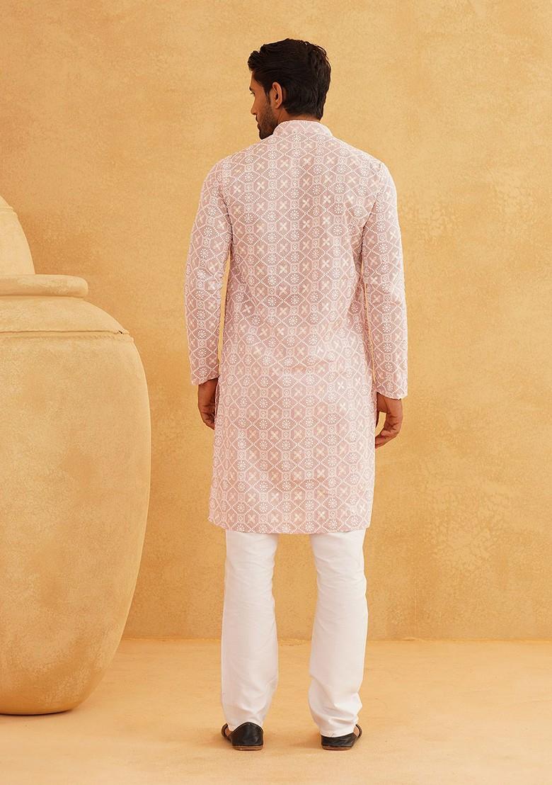 Pink Embroidered Cotton Kurta Set For Men