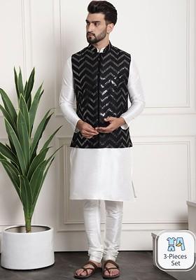 Cream Sequin Work Poly Blend Kurta Set For Men