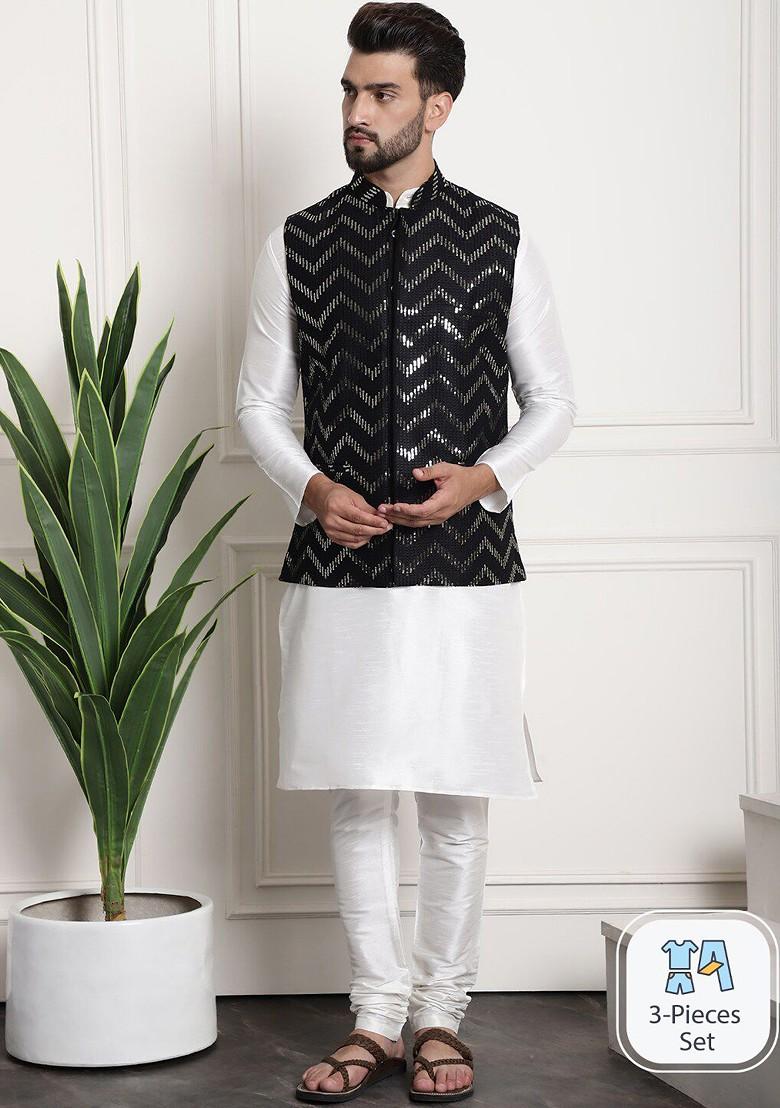 Cream Sequin Work Poly Blend Kurta Set For Men
