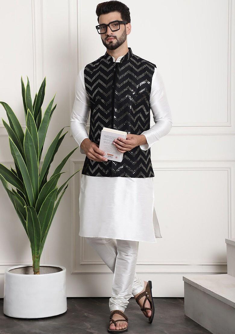 Cream Sequin Work Poly Blend Kurta Set For Men