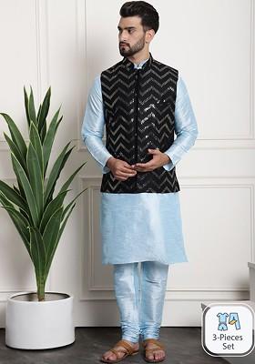 Blue Embellished Poly Blend Kurta Set For Men