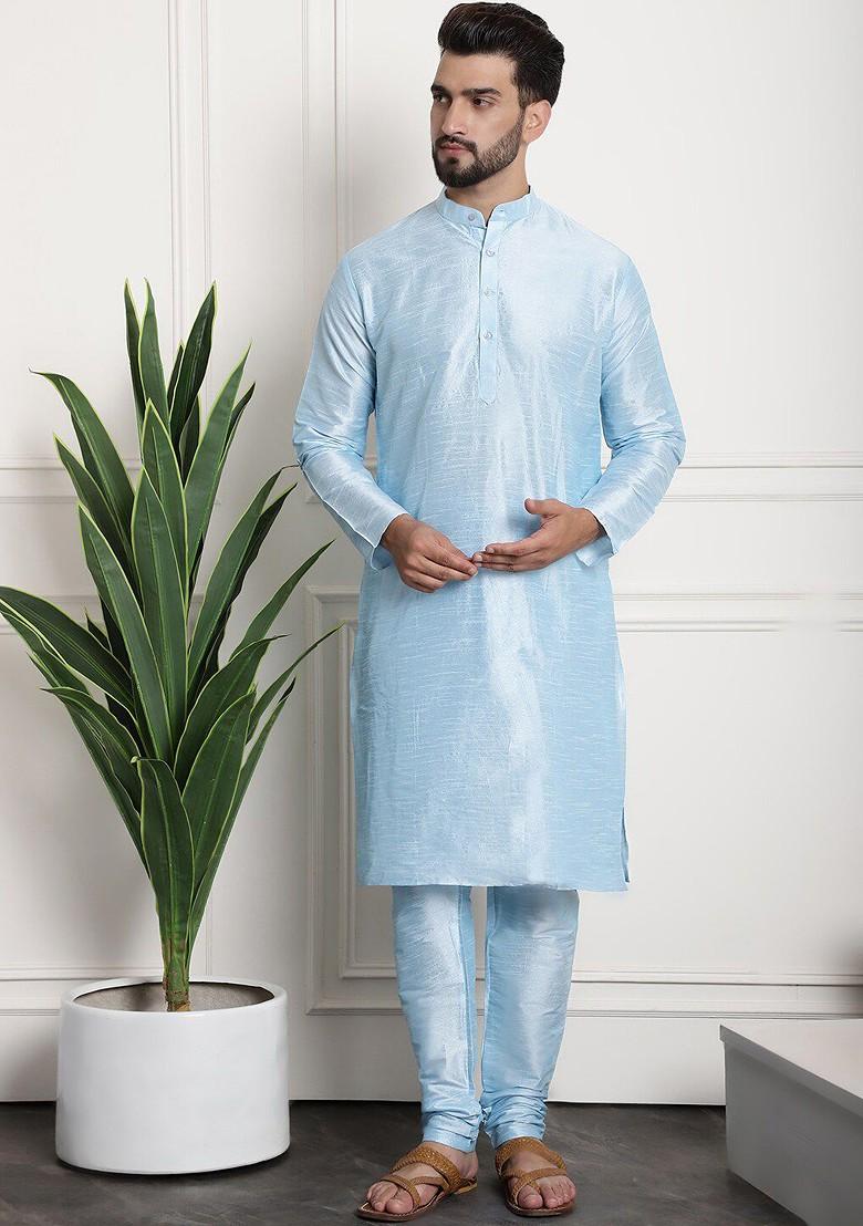Blue Embellished Poly Blend Kurta Set For Men