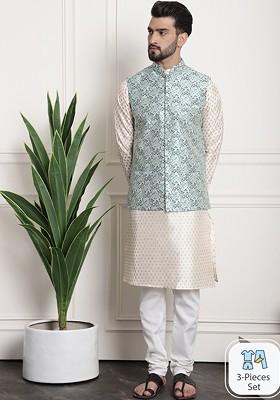 Cream Ethnic Motifs Poly Blend Kurta Set For Men
