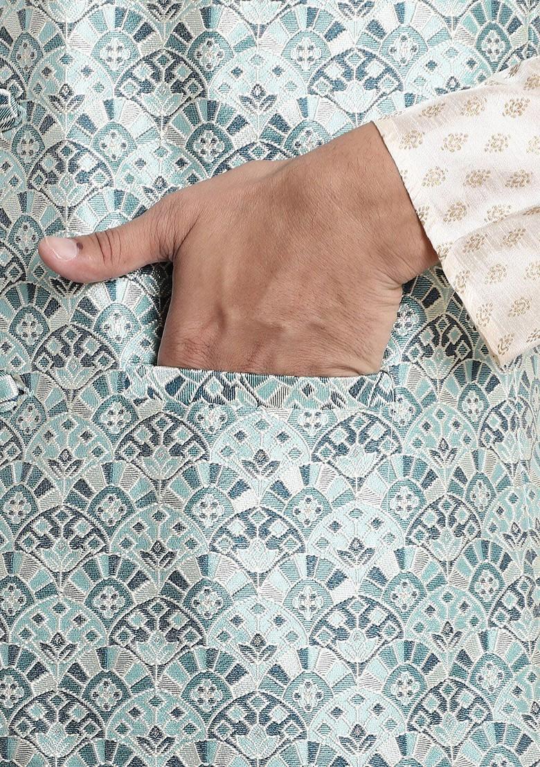 Cream Ethnic Motifs Poly Blend Kurta Set For Men