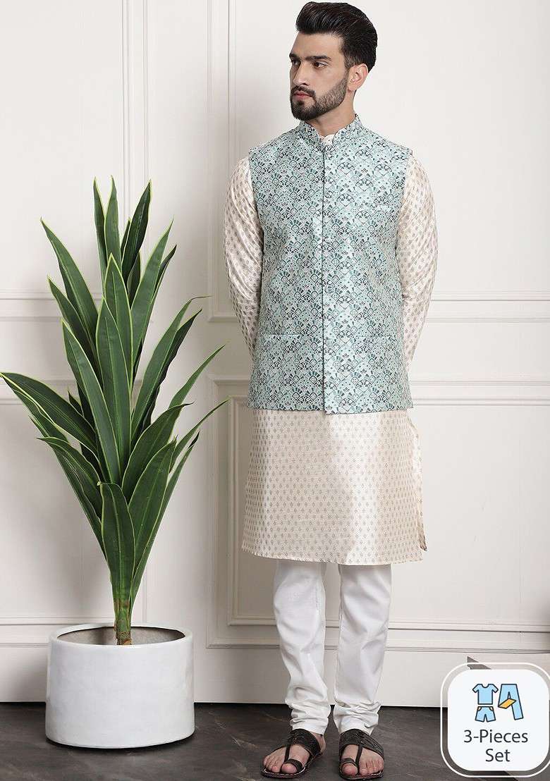 Cream Ethnic Motifs Poly Blend Kurta Set For Men - Indya