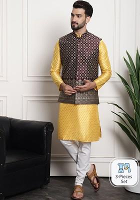 Mustard Ethnic Motifs Poly Blend Kurta Set For Men
