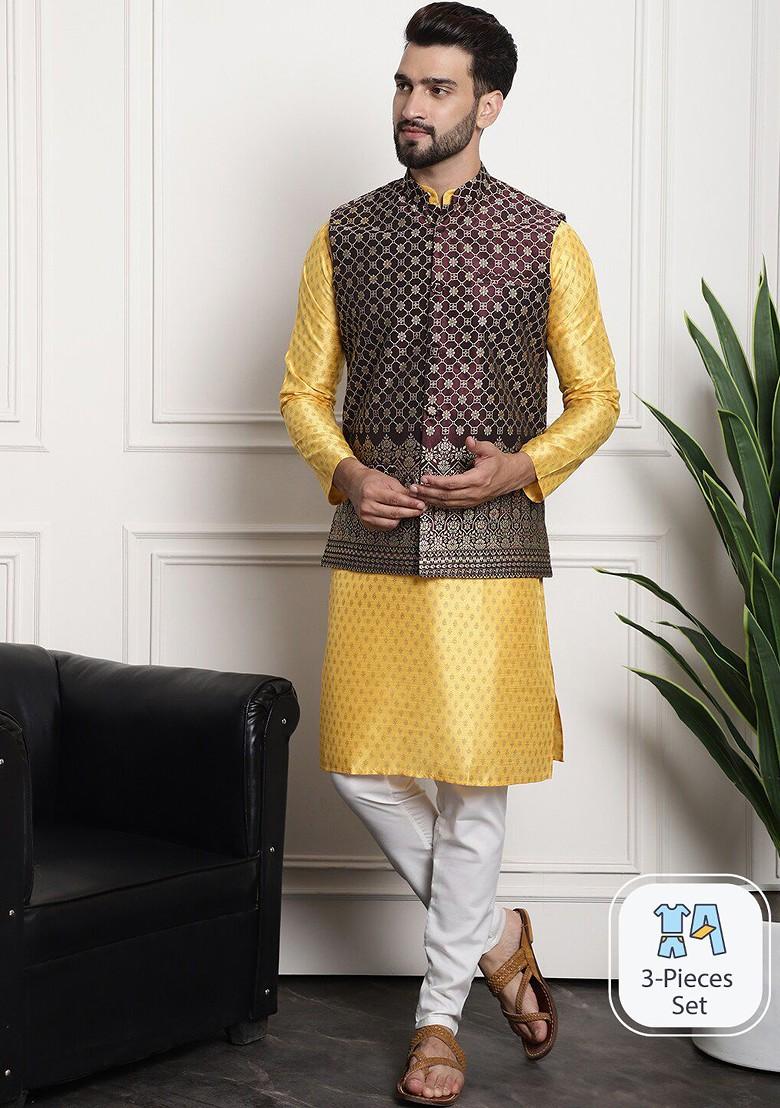 Mustard Ethnic Motifs Poly Blend Kurta Set For Men