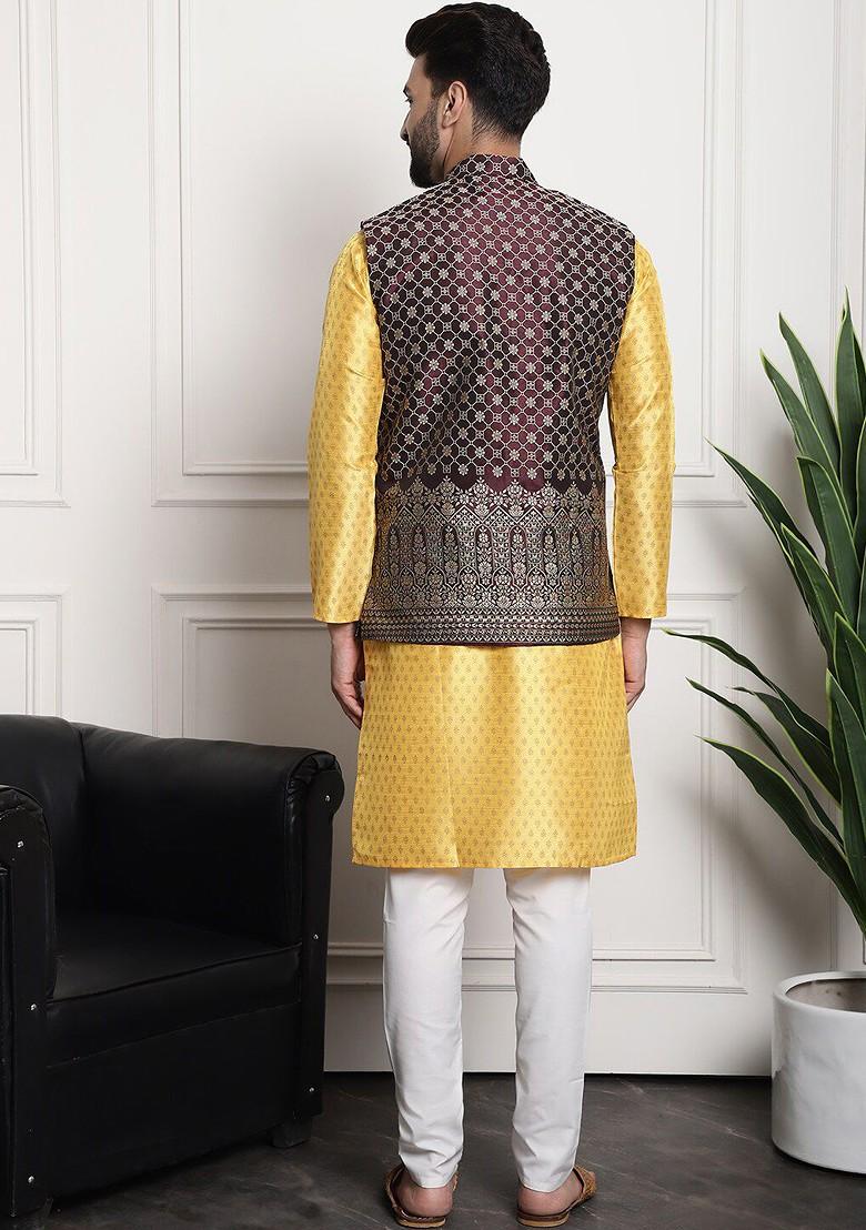 Mustard Ethnic Motifs Poly Blend Kurta Set For Men