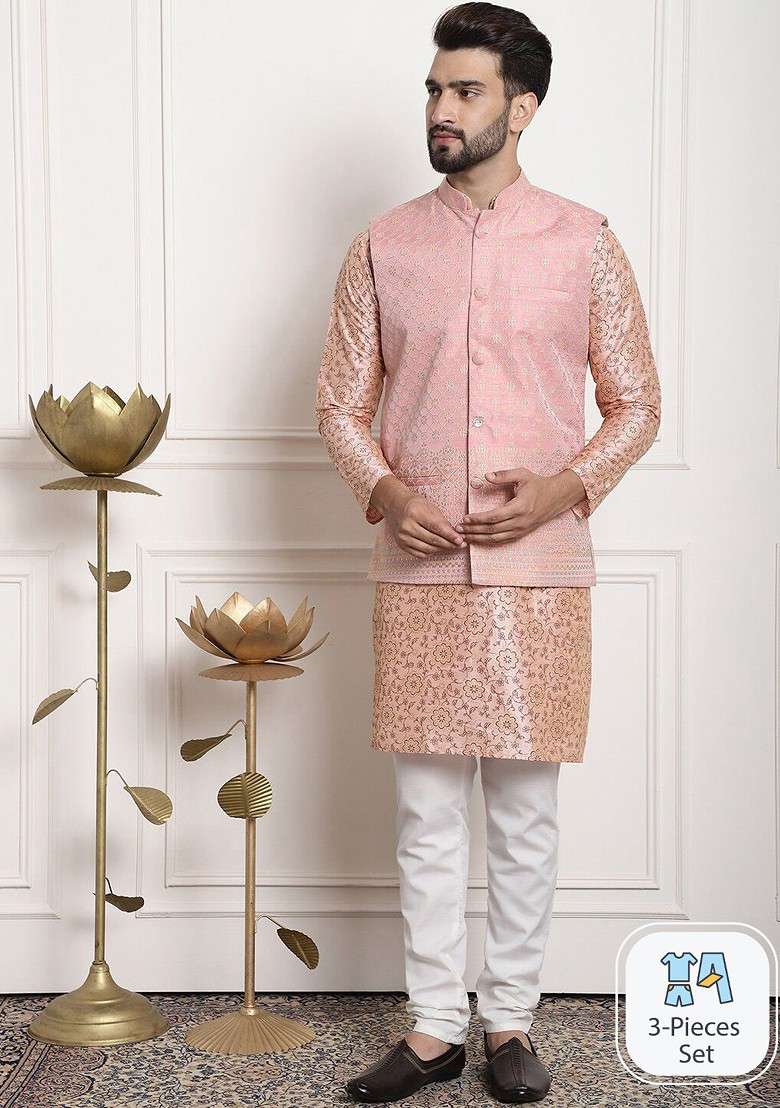 Pink Printed Poly Blend Kurta Set For Men - Indya