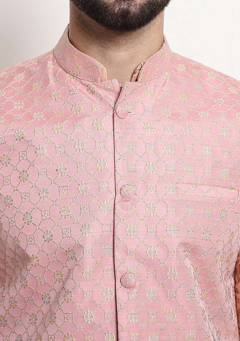 Pink Printed Poly Blend Kurta Set For Men - Indya