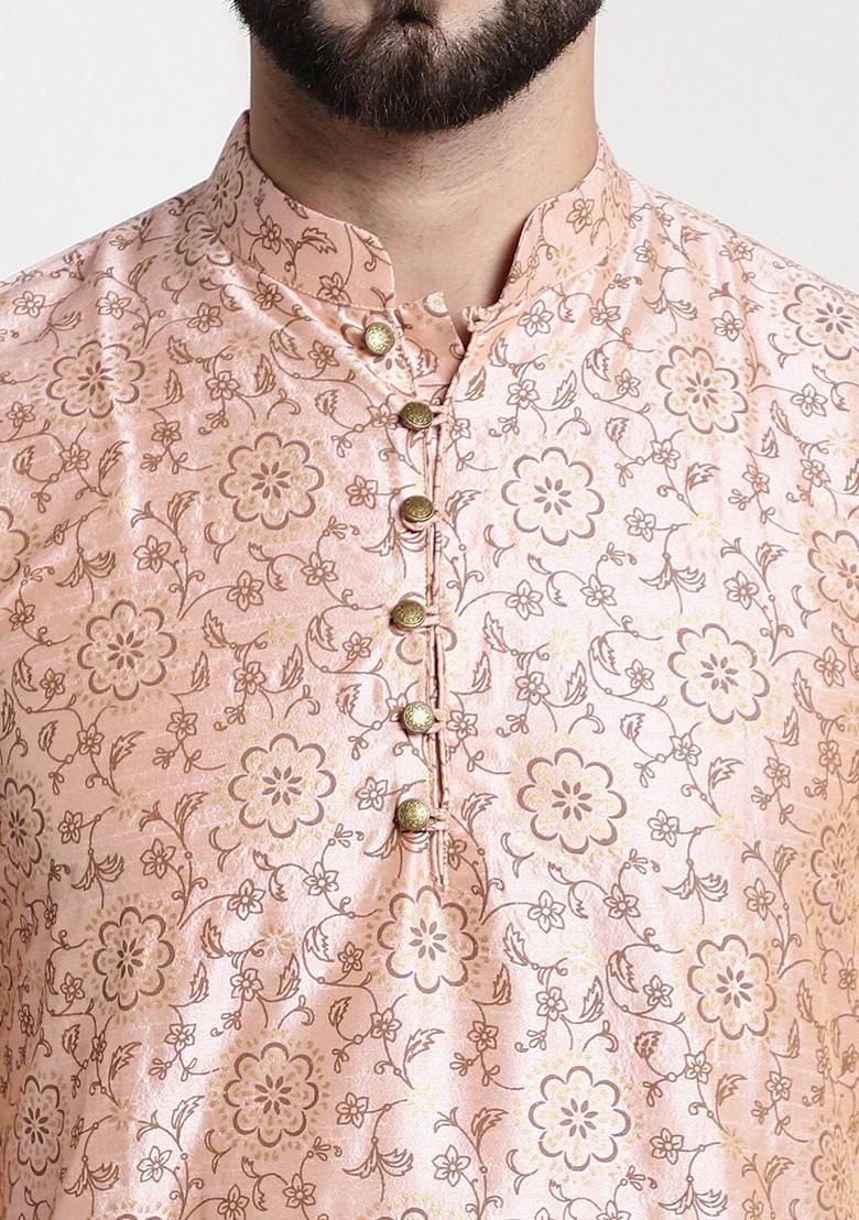Pink Printed Poly Blend Kurta Set For Men