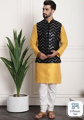 Mustard Striped Poly Blend Kurta Set For Men