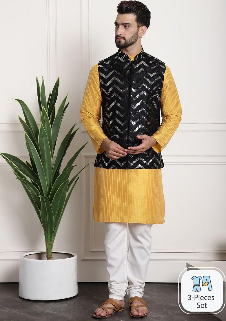 Mustard Striped Poly Blend Kurta Set For Men