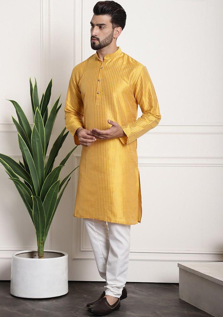 Mustard Striped Poly Blend Kurta Set For Men
