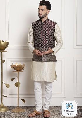 Cream Striped Poly Blend Kurta Set For Men