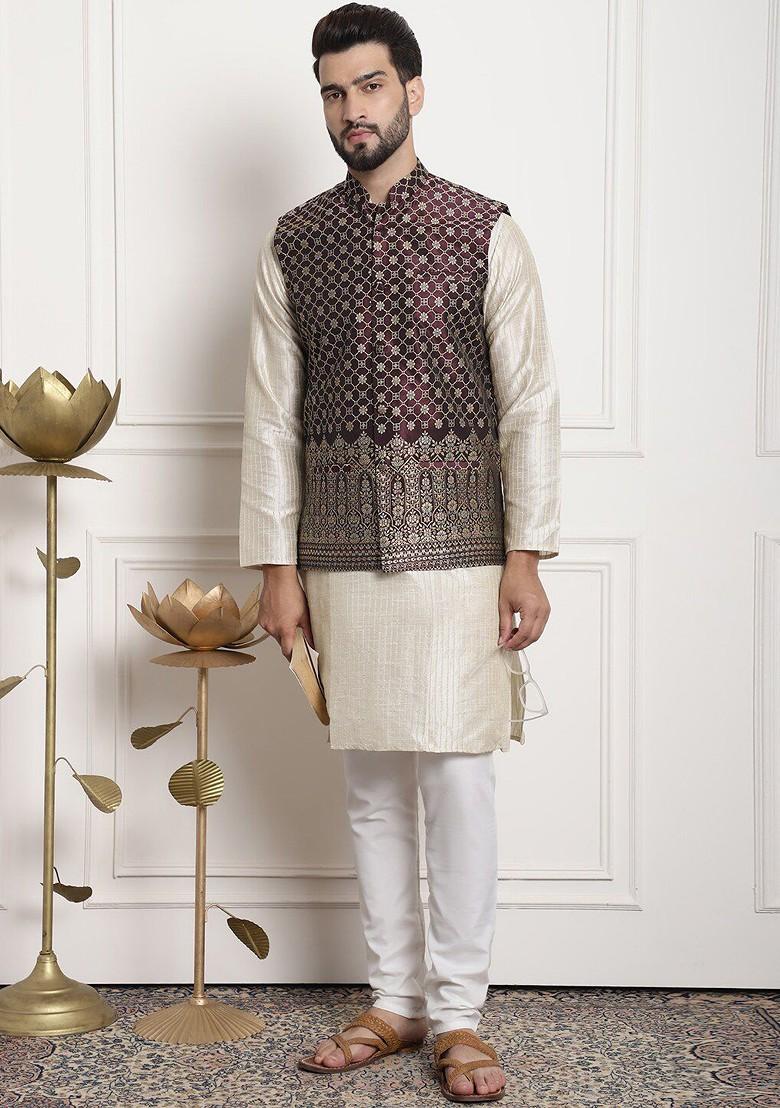 Cream Striped Poly Blend Kurta Set For Men