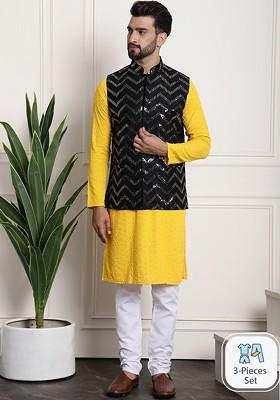 Mustard Floral Print Cotton Kurta Set For Men