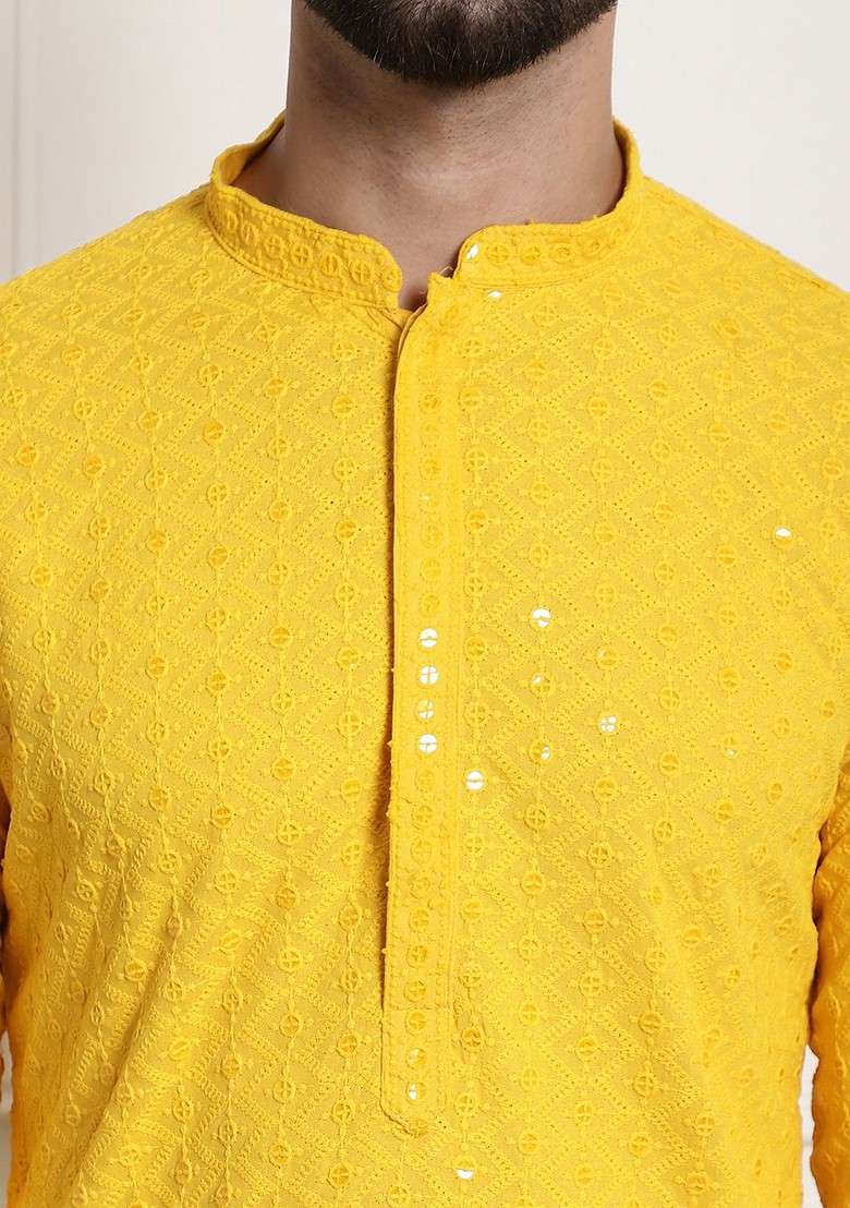 Mustard Floral Print Cotton Kurta Set For Men - Indya