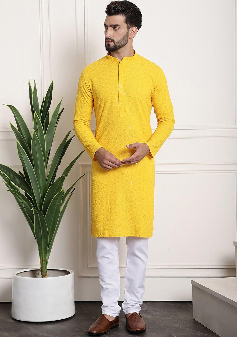 Mustard Floral Print Cotton Kurta Set For Men
