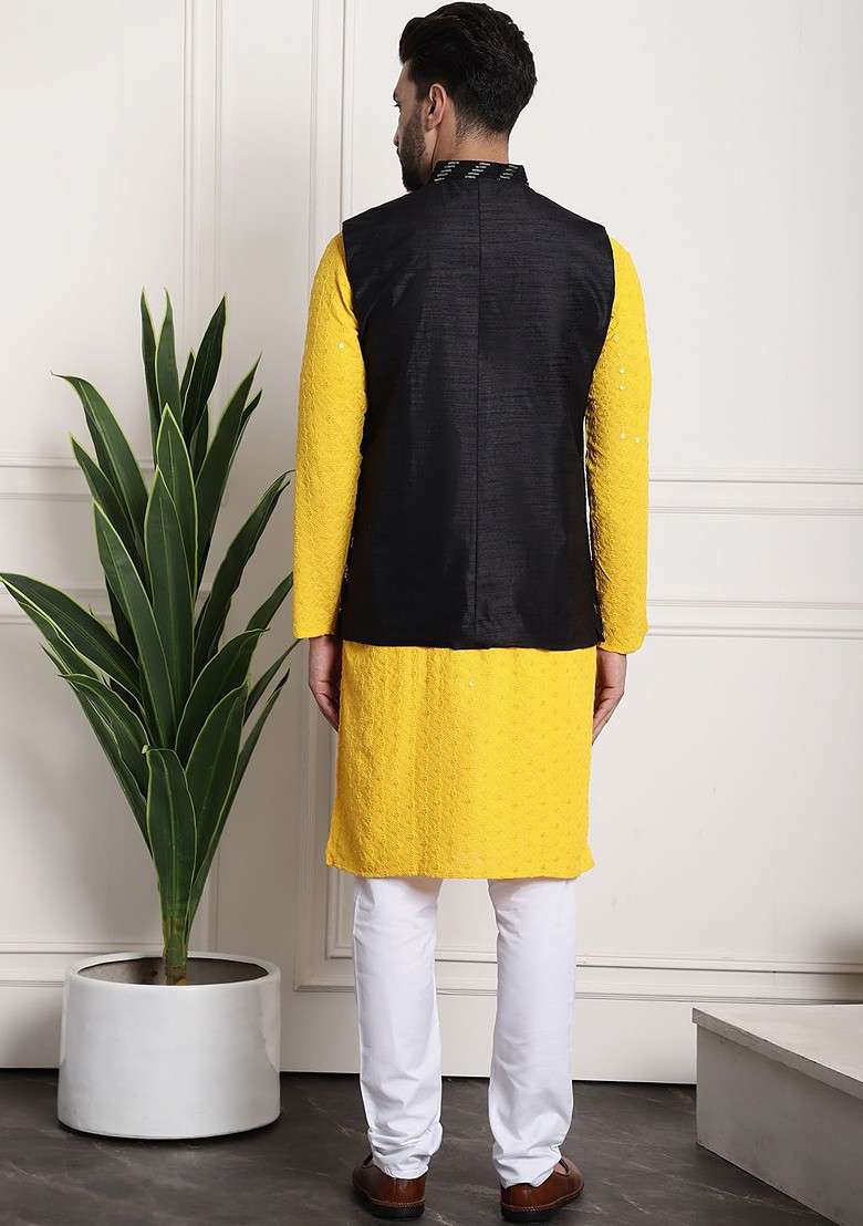 Mustard Floral Print Cotton Kurta Set For Men - Indya