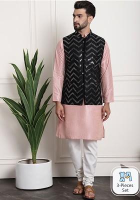 Pink Striped Poly Blend Kurta Set For Men