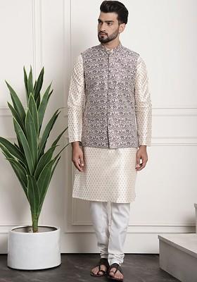 Cream Ethnic Motifs Poly Blend Kurta Set For Men