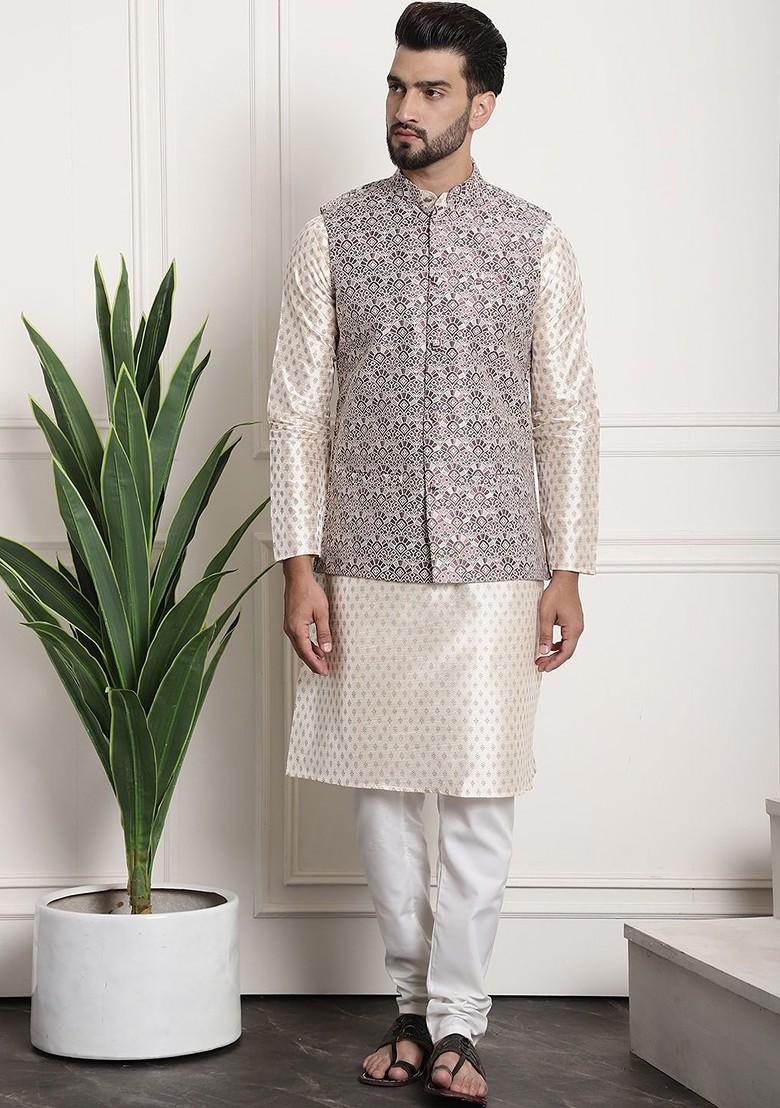 Cream Ethnic Motifs Poly Blend Kurta Set For Men