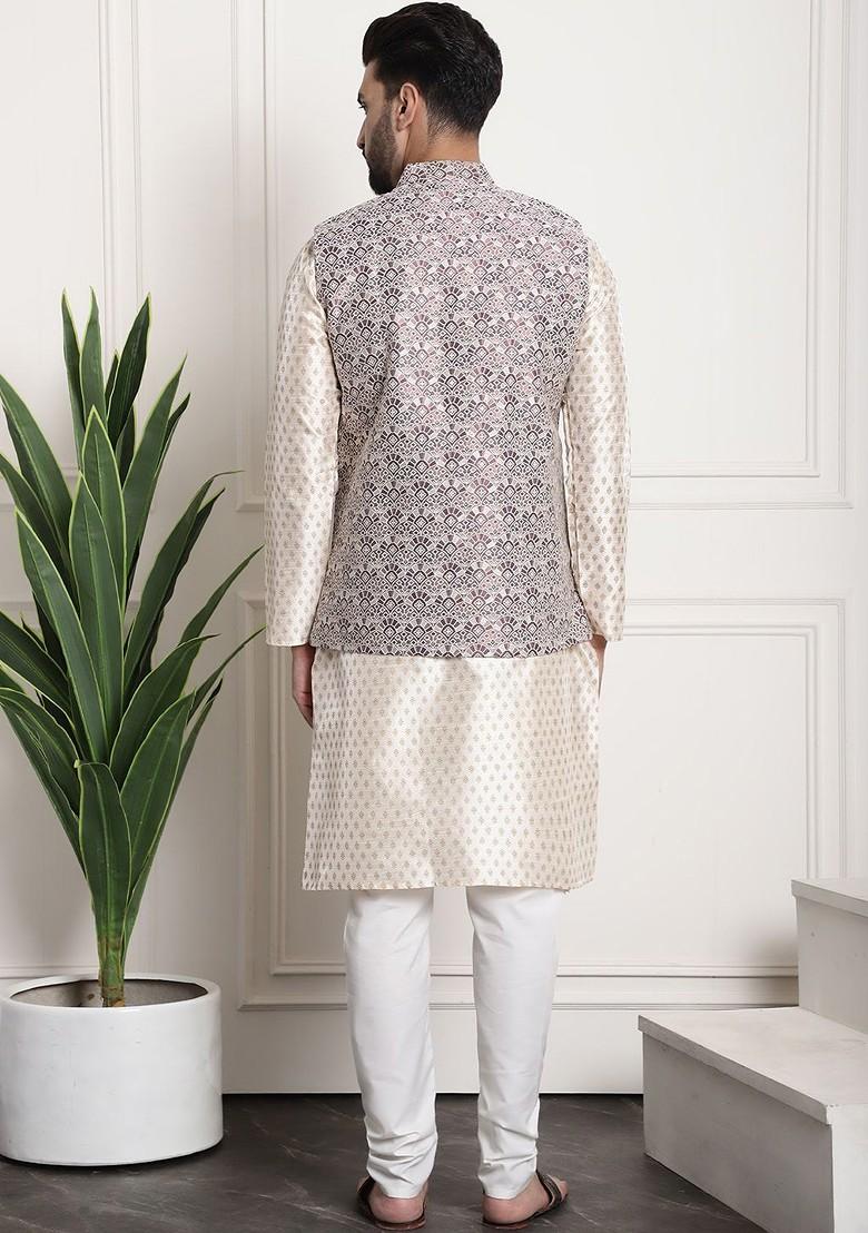 Cream Ethnic Motifs Poly Blend Kurta Set For Men