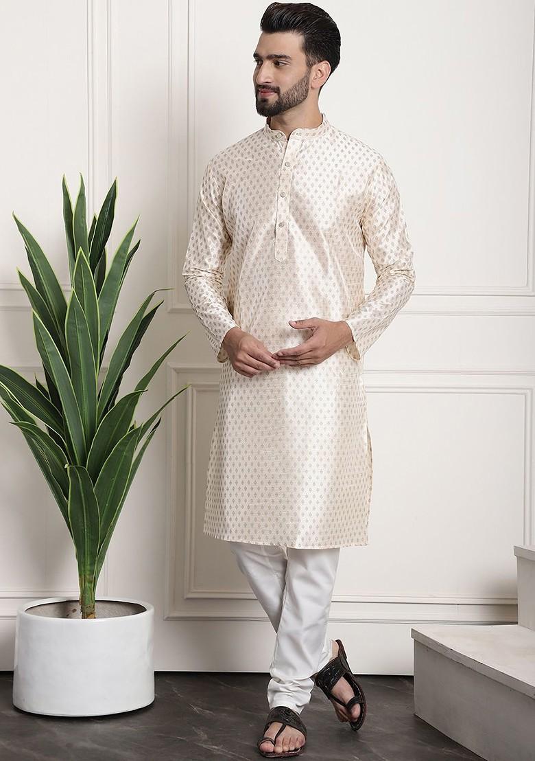 Cream Ethnic Motifs Poly Blend Kurta Set For Men