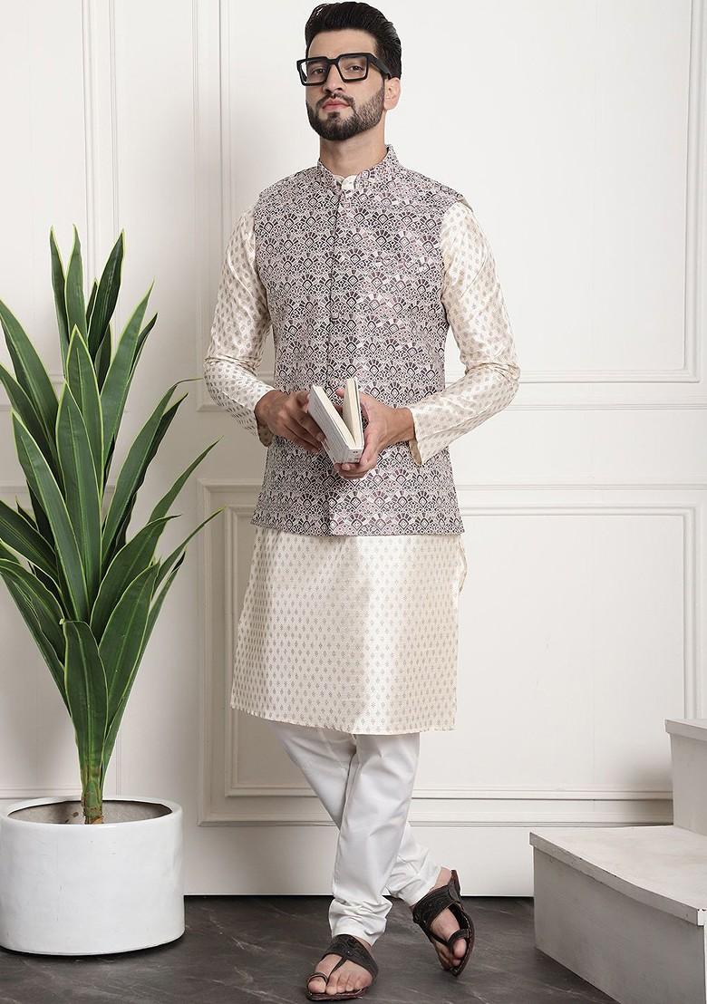 Cream Ethnic Motifs Poly Blend Kurta Set For Men