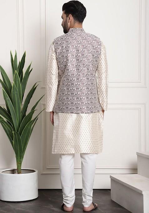Cream Ethnic Motifs Poly Blend Kurta Set For Men
