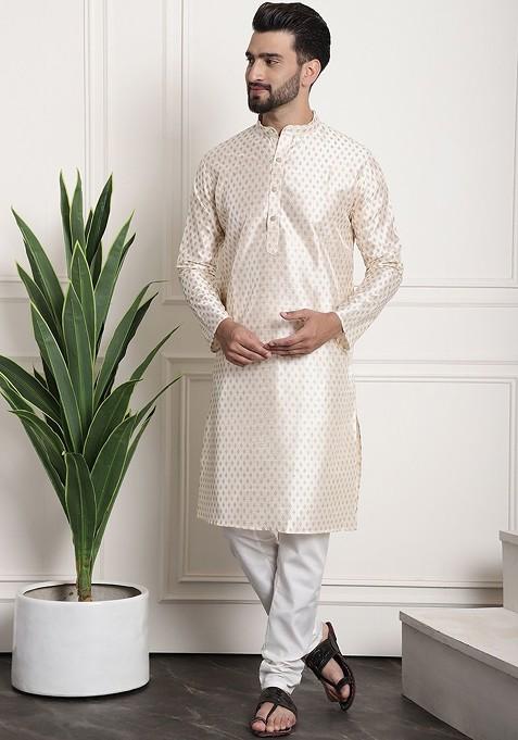 Cream Ethnic Motifs Poly Blend Kurta Set For Men