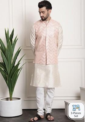 Cream Ethnic Motifs Poly Blend Kurta Set For Men