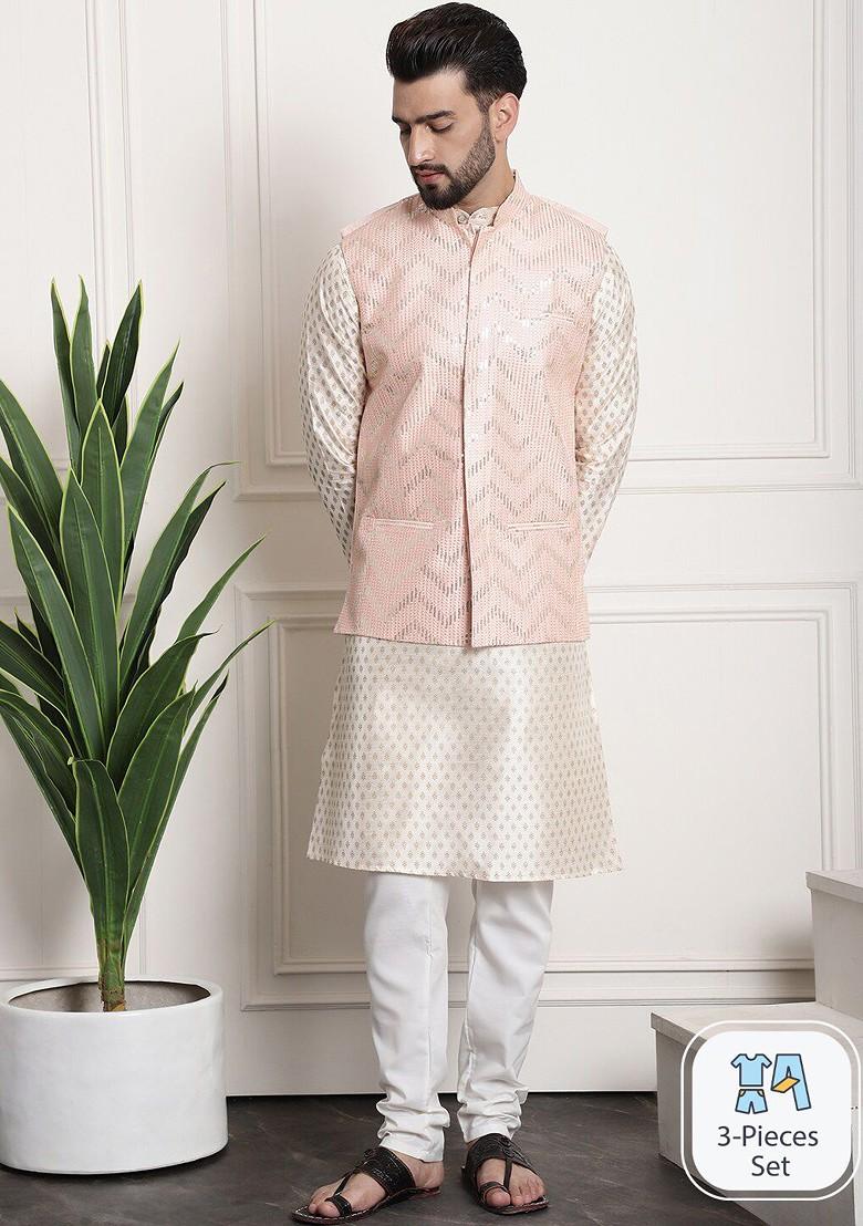 Cream Ethnic Motifs Poly Blend Kurta Set For Men