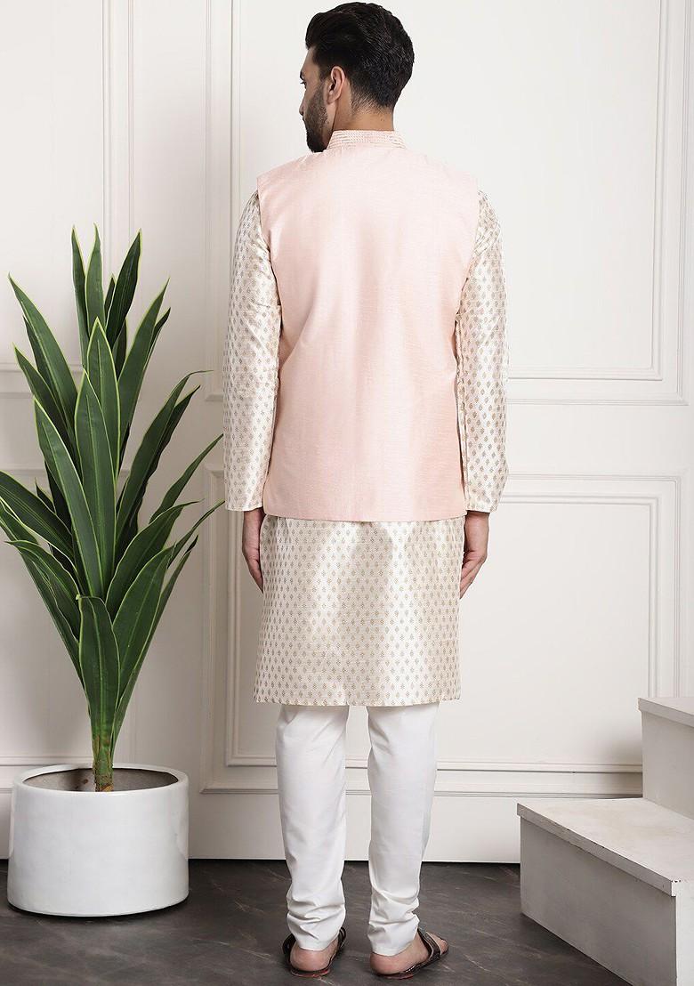 Cream Ethnic Motifs Poly Blend Kurta Set For Men