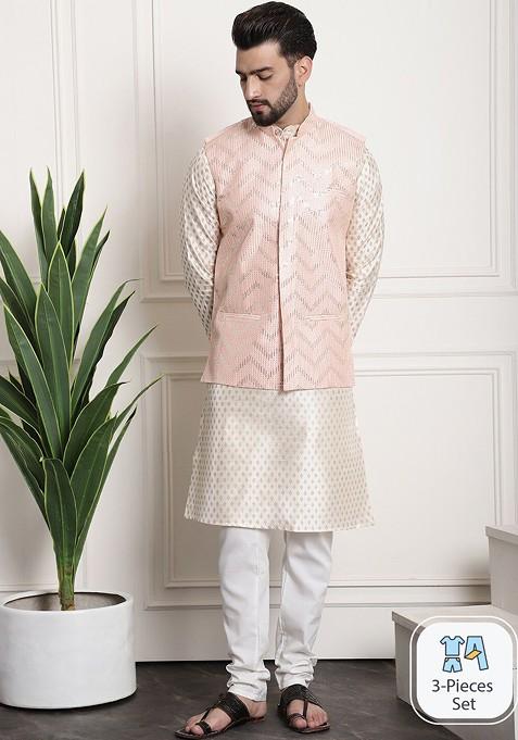 Cream Ethnic Motifs Poly Blend Kurta Set For Men