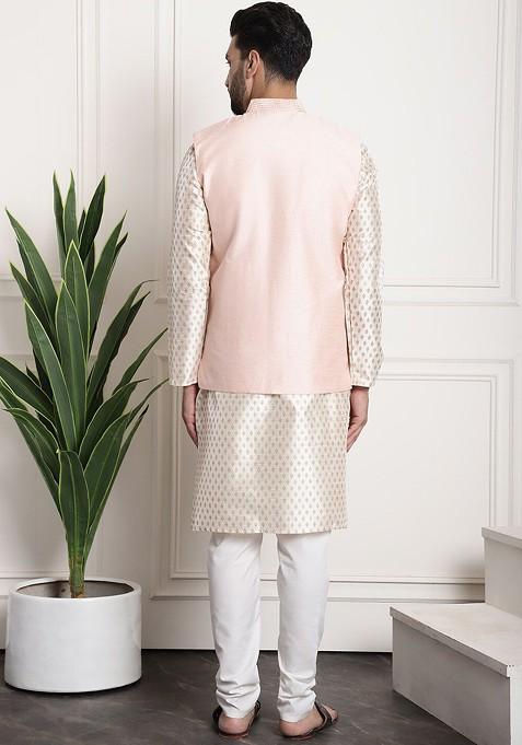 Cream Ethnic Motifs Poly Blend Kurta Set For Men