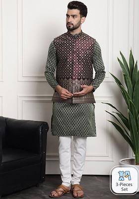 Green Ethnic Motifs Silk Kurta Set For Men