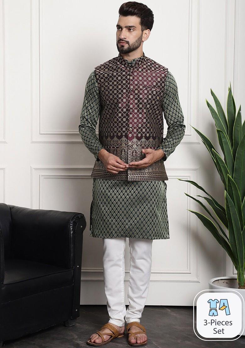 Green Ethnic Motifs Silk Kurta Set For Men