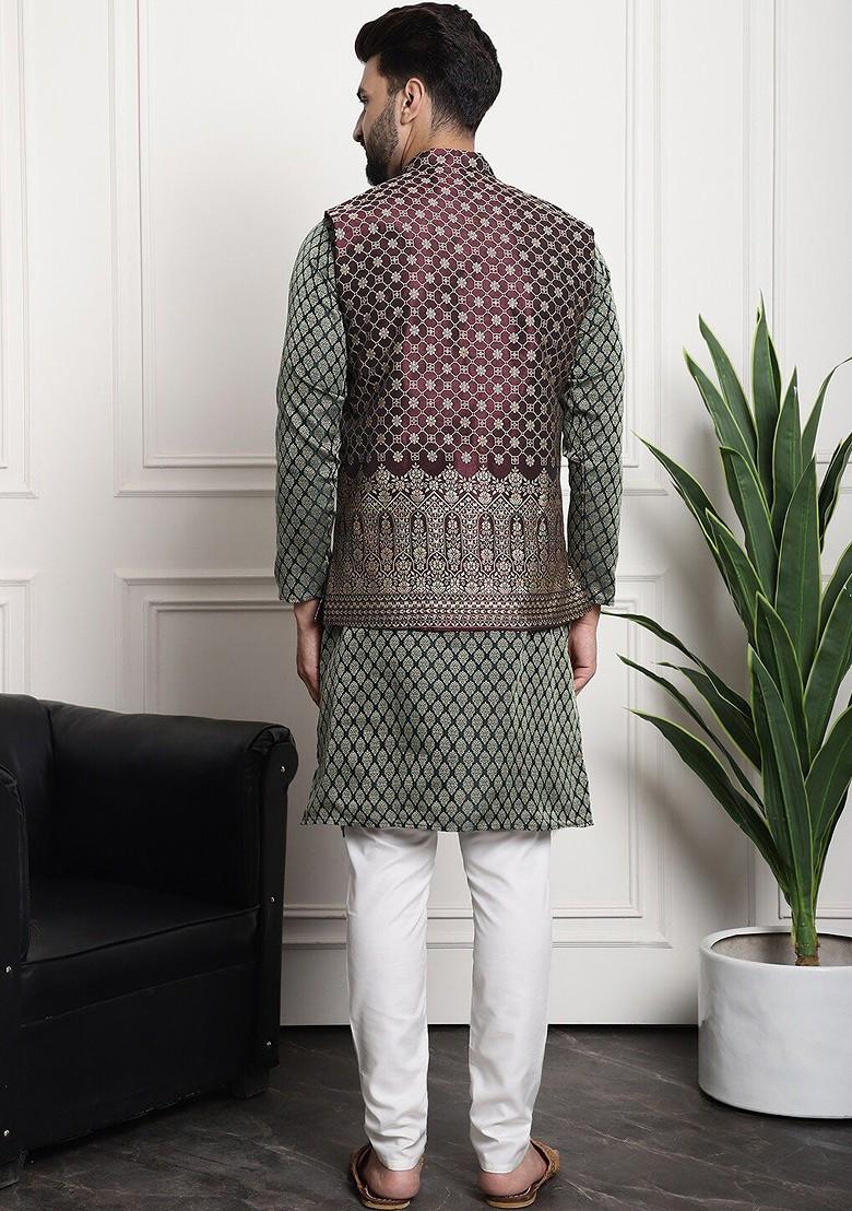 Green Ethnic Motifs Silk Kurta Set For Men