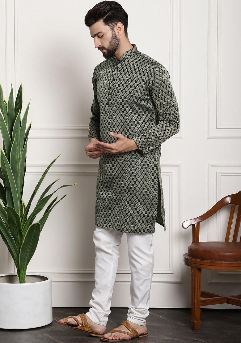Green Ethnic Motifs Silk Kurta Set For Men