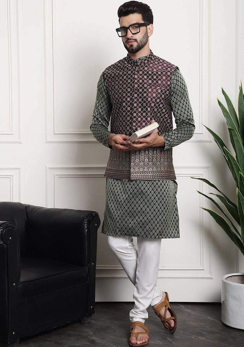 Green Ethnic Motifs Silk Kurta Set For Men