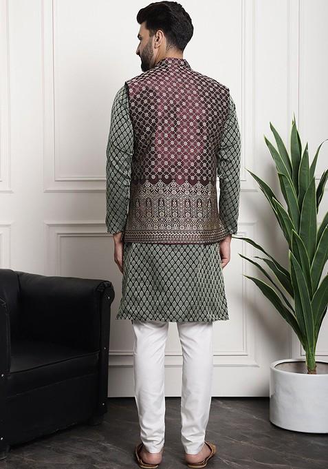 Green Ethnic Motifs Silk Kurta Set For Men
