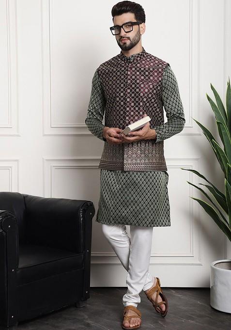 Green Ethnic Motifs Silk Kurta Set For Men