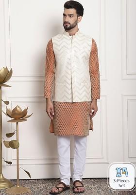 Orange Ethnic Motifs Poly Blend Kurta Set For Men