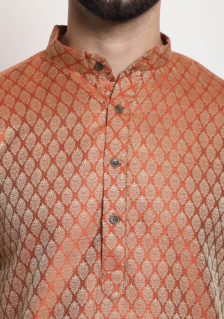 Orange Ethnic Motifs Poly Blend Kurta Set For Men
