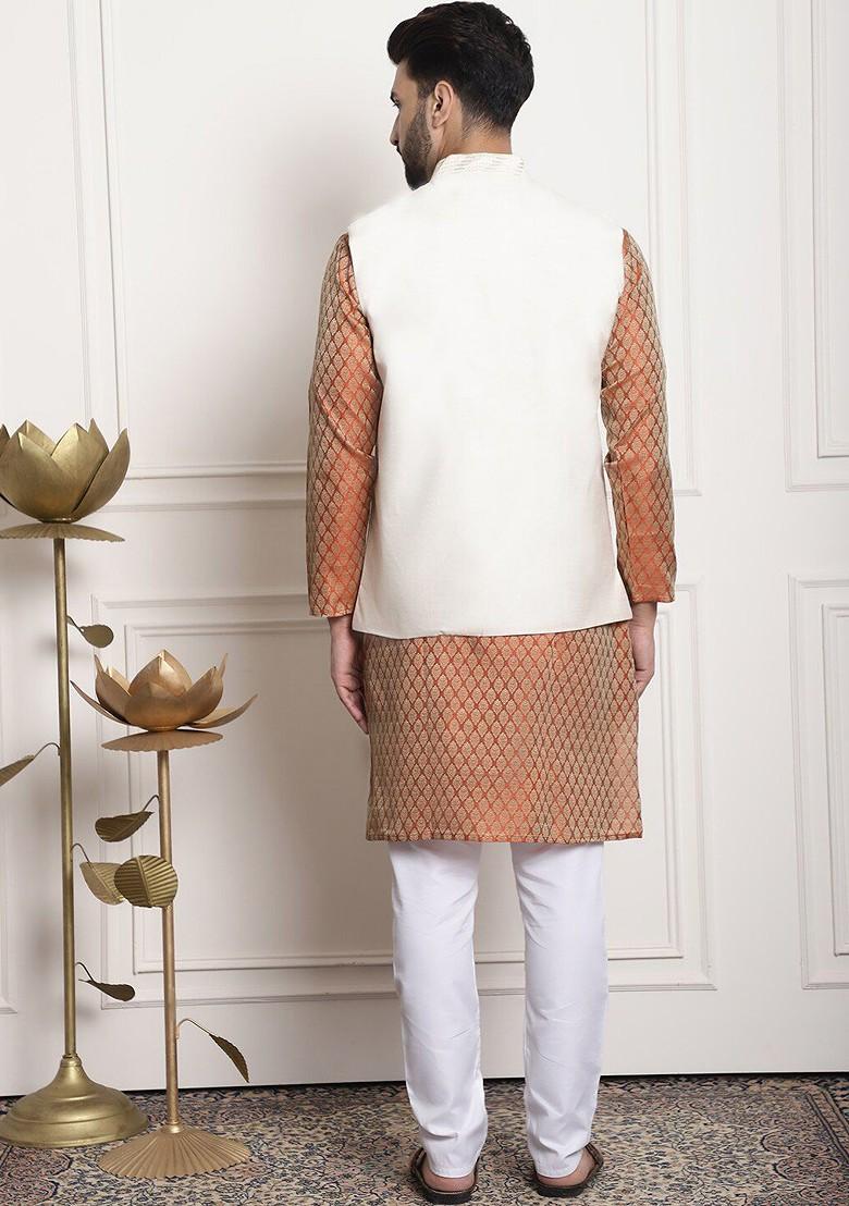 Orange Ethnic Motifs Poly Blend Kurta Set For Men