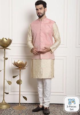Gold Thread Work Poly Blend Kurta Set For Men